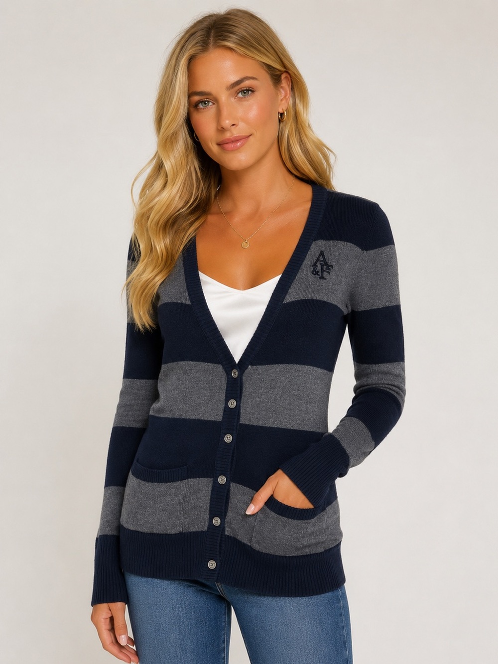 Abercrombie & Fitch Striped V-Neck Cardigan Navy Gray Logo Sweater Size S
